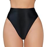 FEOYA Women Metallic Thong Panties Shiny Rave Bottoms Oil Glossy Dance Underwear High Cut Thongs for Festival Party Clubwear Black L