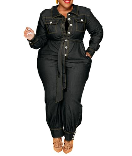 xxxiticat Women's Plus Size Denim Jumpsuit Long Sleeve Turn Down Collar Button Down Oversized Jean One Piece Overalls(BL,2XL)