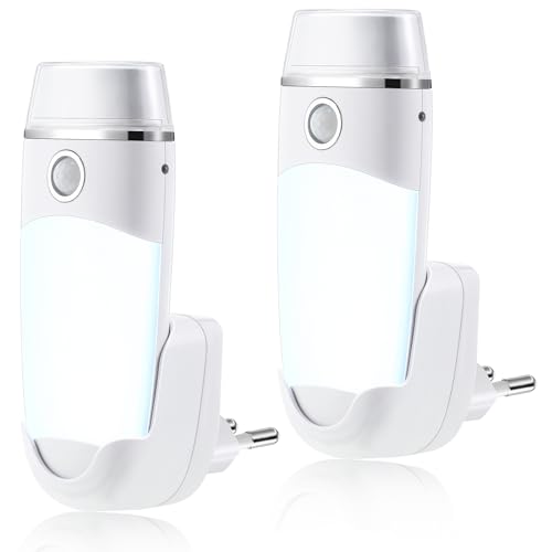 Hiboom 2 Luces Nocturnas de Enchufe con Sensor de Movimiento Multifuncional Linterna de Pared de Encendido/Apagado Automático Funciona con Baterías y Enchufe Europeo Extraíble para Refugio Emergencia