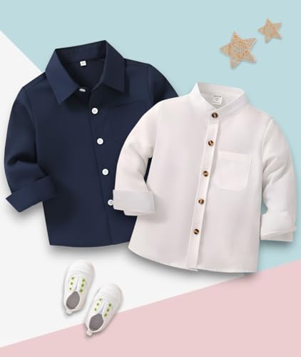 Image of Boys Shirt, Black and White Plaid and Light Blue Solid, Long Sleeve Button-Up, 2 Pack