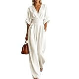 Mono de Verano para Mujer, Manga 3/4 Enrollada, Escote En V Cruzado, Cintura Imperio Fruncida, Mono Formal de Negocios, Pierna Ancha Larga, Estilo Palazzo con Bolsillos para Vacaciones Cas