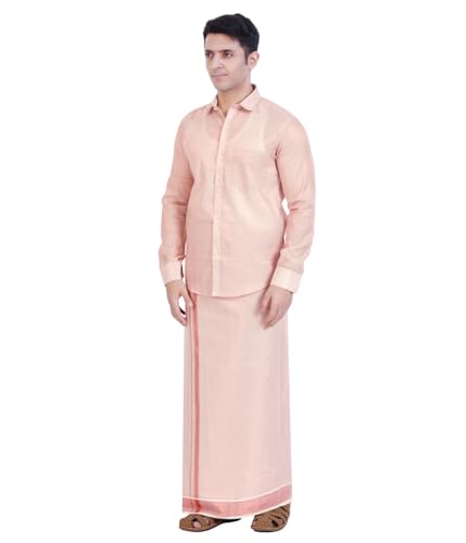 Image of Men's Traditional Indian Shirt and Dhoti Set, Full Sleeves Tissue Silk Cotton Shirt With Dhoti 2 metres for men