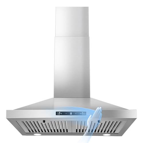 Zomagas 24 Inch Range Hood Ducted/Ductless Range Hood 450CFM Wall Mount Kitchen Hood in Stainless Steel Gesture Sensing & Touch Control 3 Speed Fan 2 Pcs Baffle Filters