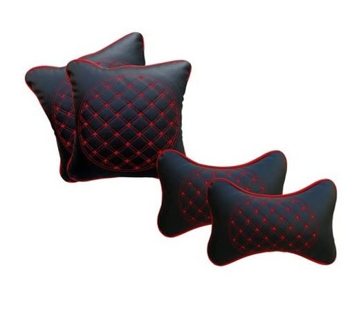 EXCHANGE CARTRENDING Car Cushion Pillows - Double Quilted Combo Set | Car Neckrest Pillow + Car Cushion for Mahindra Rhino | Set of 4, Red & Black