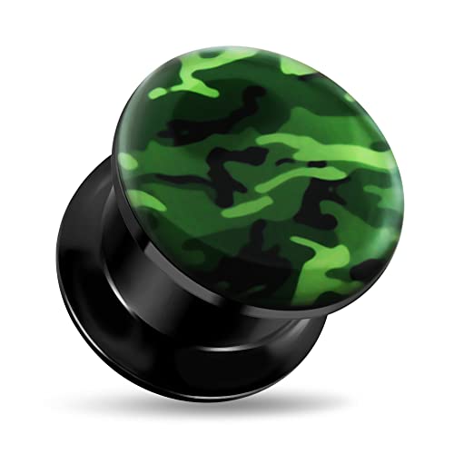 1 Pair of 16mm Green Camouflage Logo Internally Threaded Black Acrylic Double Flared Ear Gauge Plug - Stretching - Gauge Ear Piercing Body Piercing Jewelry