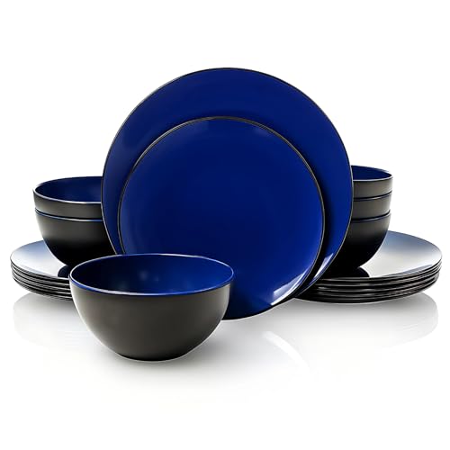 TP 18-Piece Dinnerware Set, Melamine Dishes Set with Bowls and Plates, Service for 6, Non-breakable Lightweight Dining Tableware, Blue and Black by TP - Used condition - US$38.60
