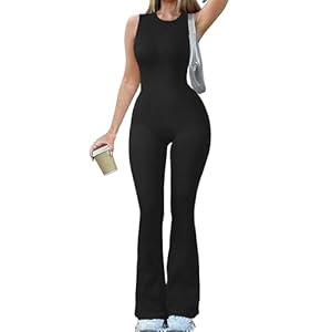 OQQ Women Yoga Jumpsuits Ribbed Crew Neck Sleeveless Bell Bottoms Flare Jumpsuits