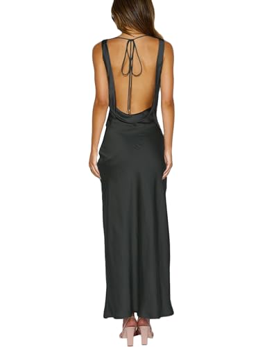 Maxikleid aus Satin, Wasserfallausschnitt, ärmellos, rückenfrei, für Hochzeitsgäste, Seide, offener Rücken, Raffhalter, formelle Kleider für...