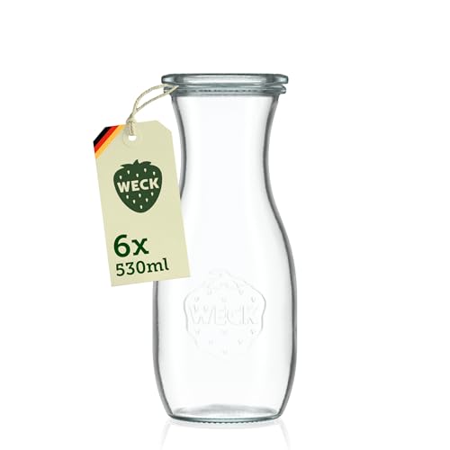 Weck Glaskaraffe 500ml 6er Set Trinkflasche aus Glas mit Glasdeckeln zum Befüllen als Wasserflasche Glaskaraffe mit Deckel oder zum Einkochen & Verschenken