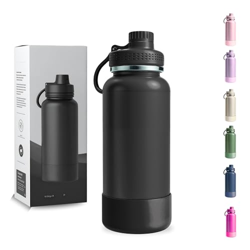 Garrafa Térmica 1000ML - Duplamente Isolada a Vácuo, Aço Inox 304, Capa Protetora da Base de Silicone, Mantém Bebidas Gelada 24 horas e Quente 12 horas (Preto Wide)