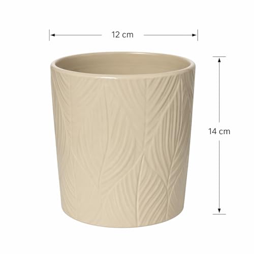 Image of Xtore Graceful Textured Ceramic Planter Pot for Indoor Plants | Nature-Inspired Leaf Pattern Flower Pot for Home, Office Desk & Balcony Decor (Beige - Planter only)