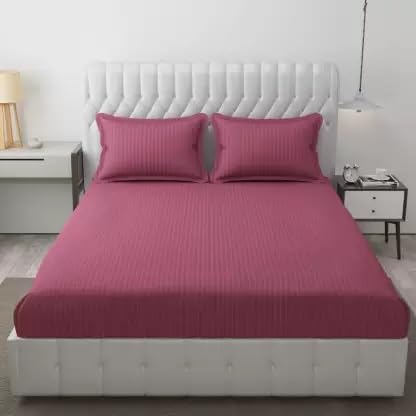 Evan Cotton Stripe/Lines Plain Supersoft Double Bed Bedsheet with 2 Pillow Cover- Bedsheet for Living Room, Bedsheet for Hotels, Bedsheet for 90X100-Pink