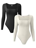OQQ Women's 2 Piece Sexy Ribbed One Square Neck Long Sleeve BodySuit, Black Beige, Medium