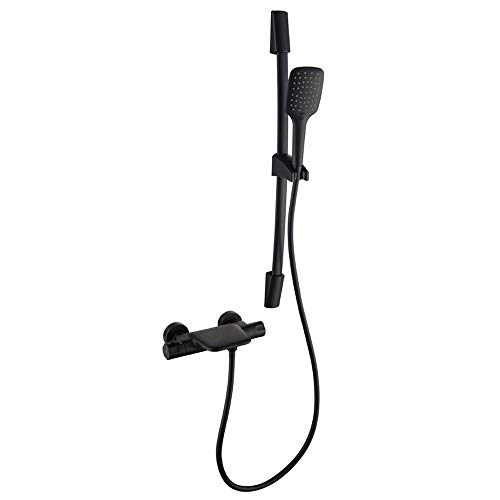 Système de douche thermostatique exposé noir avec douchette et barre réglable