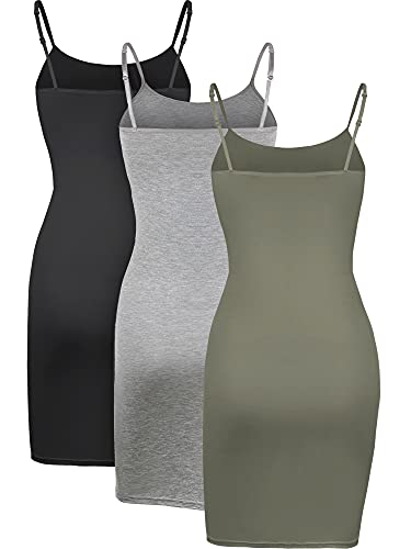 Willbond 3 Pieces Basic Cami Women Long Tanks Dress With Strap, Solid Color(Black, Grey, Army Green, X-Large) #TOP5
