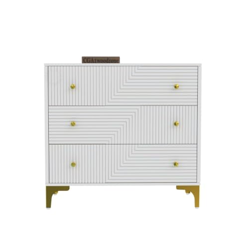 Image of Chest of Drawers for Home, Bedroom & Living Room | Wooden 3 Drawer Storage Cabinet & Clothes Organizer Dresser with Textured Front & Metal Legs | HDMR Warm White Finish