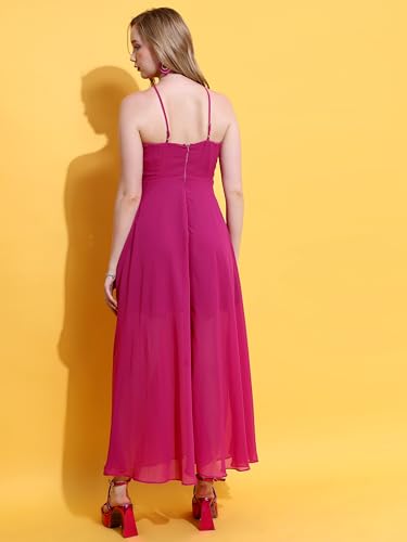Image of Tokyo Talkies Women's Halter Neck Flowy Maxi Dress | Cinched Waist | Elegant & Airy Silhouette for a Breezy, Effortless Look
