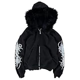 RICHTRUE Grunge Fur Hood Zip Up Hoodie Women Men Y2k Goth Hoodie Emo Jackets Fall Winter Streetwear Sweatshirt 2000s (Large,Black)