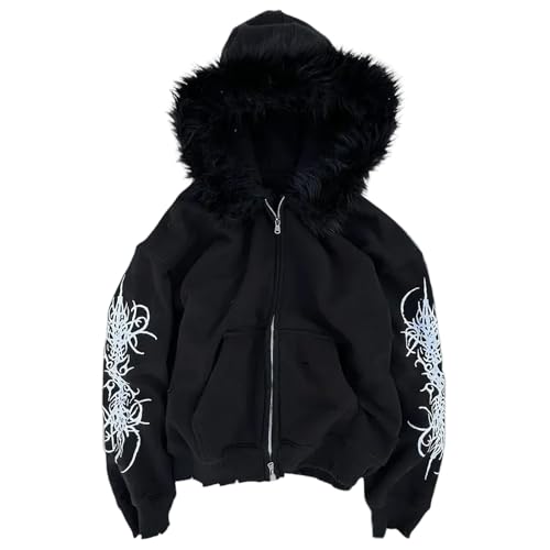 RICHTRUE Grunge Fur Hood Zip Up Hoodie Women Men Y2k Goth Graphic Hoodie Emo Jacket Fall Winter Streetwear Sweatshirt 2000s (Black,Medium)