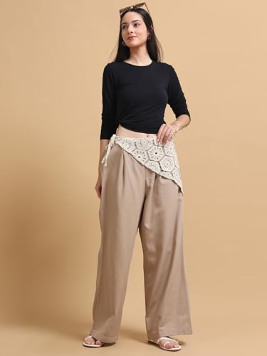 Image of Glam & Chique Women's 100% Cotton Wide Leg Trouser with Crochet Lace Waist & Drawstring-XS-2XL