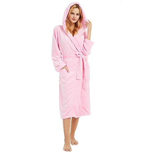 HEARTNICE Womens Hooded Fleece Robe, Soft Plush Bathrobe for Womens, Fluffy Cute Long House Coat (Pink Hooded, L/XL)