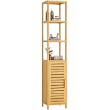 VIAGDO Hochschrank, Badezimmerschrank Bambus, Badschrank hoch mit 3 offene Fächern und Schrank, hoher Beistellschrank, Aufbewahrungsschrank, für Badezimmer, Flur, Küche, Wohnzimmer