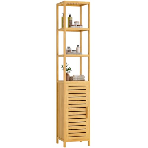 VIAGDO Hochschrank, Badezimmerschrank Bambus, Badschrank hoch mit 3 offene Fächern und Schrank, hoher Beistellschrank, Aufbewahrungsschrank, für Badezimmer, Flur, Küche, Wohnzimmer
