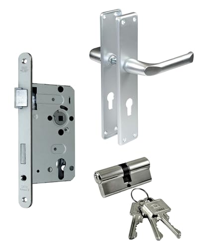 BKS Zimmertür/Wohnungstür/Badezimmer Komplett Set, inclusive Aluminium Schild Beschlag (PZ Schließzylinder, DIN LINKS, Renovierungsschild 240mm x 47mm)