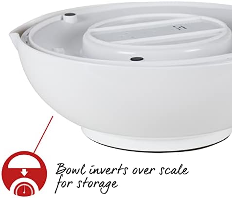 Salter 800 WHBKDR Aquaweigh Mechanical Scale, Measures Liquids and Fluids, Add & Weigh, Rotating Twin Dial, Pouring Spout, 2.6 L Bowl Clips Over Scale, Max 4 kg, Baking/Cooking, White