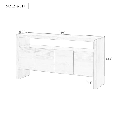 Virubi 60\" Mid Century Modern Sideboard Buffet Cabinet with Storage, Solid Natural Wood Rustic Console Table with Storage Shelf, Accent Cabinet for Living Room, Kitchen, Entryway (Natural)
