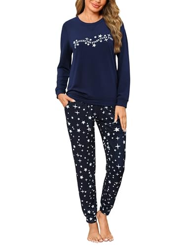 Marvmys Women's Pyjamas Set Long Sleeve Pyjamas Set Ladies Cotton Sleepwear Pjs Round Neck Soft Top and Long Bottoms with Pockets Navy Blue