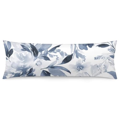 Florals Body Pillow Cover 20"x54" Boho Floral Pillow Case Navy Watercolor Flowers Long Pillow Cases Protector with Zipper Decorative Bedding Pillowcase Rectangle Cushion Covers for Bed,Sofa,Blue White by DINJUNA - Used condition - US$18.99