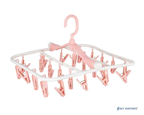Image of Premium Cloth Drying Hanger Rack(24 Clips) 360 Degree Portable & Rotatable Clips,Baby Clothes Hanger, Foldable Hanger (Pink)
