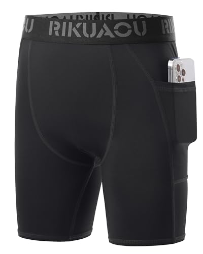 Youth Boys Compression Shorts with Side Pockets, Kids Athletic Base Layers Running Underwear for Baseball Football