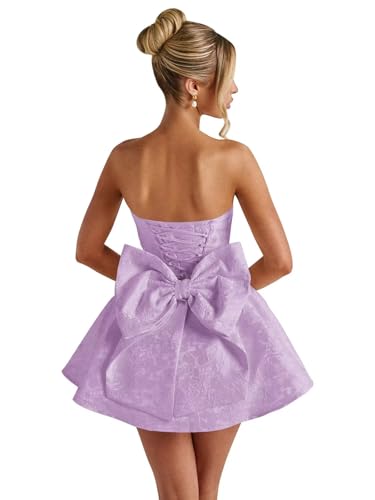 Image of Basgute Floral Jacquard Satin Short Homecoming Dresses for Teens A Line Strapless Formal Prom Evening Gown with Bow