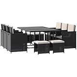 Outsunny 11 Pieces Outdoor Dining Set for 10, Space Saving Wicker Chairs and Glass Table with Cushions and Ottomans, Rattan Conversation Patio Furniture Set for Garden Backyard Deck, Cream White