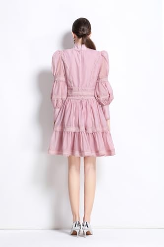 LAI MENG FIVE CATS Women's Puff Sleeves High Collar Hollow Mesh Pleat Layered Hem Solid Color Mini Dress4