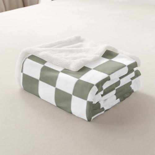 Image of Erosebridal White Sage Green Checkered Fleece Bed Blanket Buffalo Plaid Grid Throw Blanket Queen 90 inchX90 inch for Kids Adults Men Women Checkerboard Sherpa Blanket Aesthetics Gingham Flannel Blanket