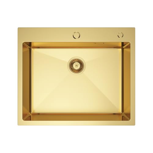 Melanstar Fregadero de acero inoxidable, 60 x 50 cm Fregaderos de un seno 1 lavabo, incluye sifón y orificio para grifo, Amarillo dorado Kitchen Sink