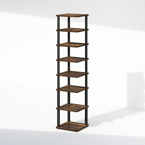 Image of Furinno Turn-N-Tube Corner Shelf, 8-Tier Display Rack, Vertical Corner Storage Rack, Space Saving Organization and Storage, Entryway, Living Room, Closet, Amber Pine