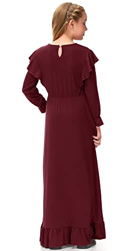 Besserbay Child Girl Solid Burgundy Casual Loose Tie Front Maxi Dress Long Sleeve Crew Neck Elegant Ruffle Fall Dress 11-12 Years #TOP5