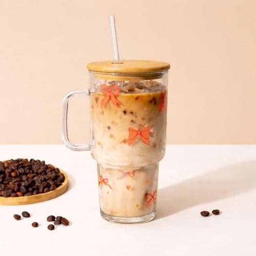 Image of Bow Glass Tumbler with Handle & Lid 1000ml | Iced Coffee Cup with Straw | Reusable Glass Mug for Cold & Hot Drinks Bow Design Iced Coffee Cup for Smoothies, Tea, Juice & Travel