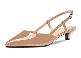 Castamere Damen Stiletto Niedrige Kitten Absatz Heel Geschlossene Spitze Zehenkappe Pumps Knöchelriemen Slingback Hochzeit Cute Dress Schuhe Sandalen Beige Lackleder 42 EU