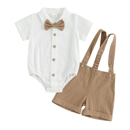 KMBANGI Toddler Newborn Baby Boys Gentleman Outfits Short Sleeve Turn-Down Collar Romper Bib Pants Bow Tie 3Pcs Short Set