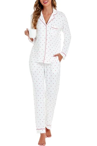 Image of LUBOT Womens Bamboo Viscose Pajamas Set 2 Piece PJs Set for Women Buttery Soft Button-Down Long Sleeve Cozy Printed Sleepwear Loungewear (Red Heart, S)