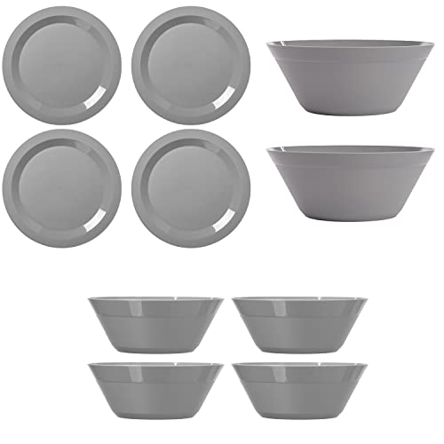 Us Acrylic Newport Plastic 10" Serving Bowls (Set Of 2) Plus Individual Salad Bowls And Dinner Plates In Grey | 10-Piece Dinnerware Set | Reusable, Bpa-Free, Made In The Usa #TOP6