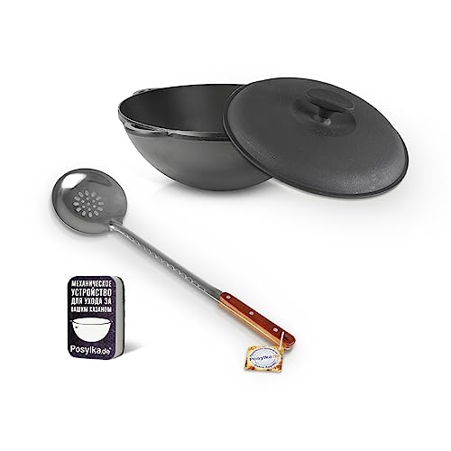 ZARENHOFF Kazan de hierro fundido con tapa (12 litros), incluye paleta de espuma y esponja, olla uzbeka, wok, kazán, olla de camping, horno de fuego, horno holandés, cañón de goulash, cañón de gulah,