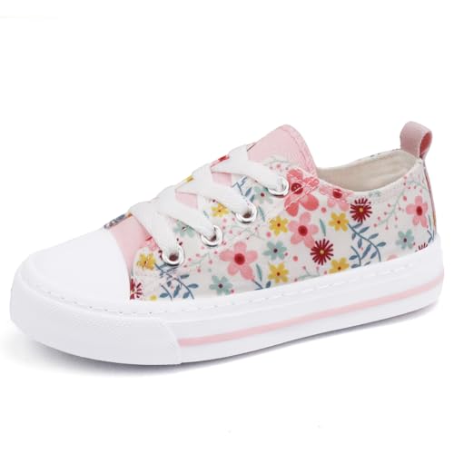 Toandon Little Girls Kids Sneakers Walking Shoes Lace Up Lightweight Low Top Adorable Sparkle Printed Flower Non-Slip Outdoor Pink White Size 2