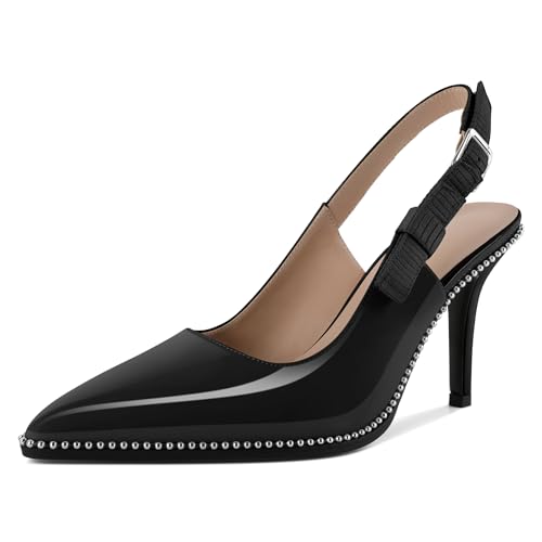 YODEKS Women's Slingback Heels Pointed Toe Beaded High Heel Pumps 3.5 Inch Bowknot Knitted Shoes US Size 5-13