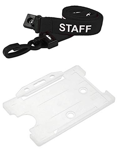 Identity-Plus: Black Pre-Printed Staff Lanyard Neck Strap (Plastic J Clip, Safety Breakaway Point) with Clear Landscape Card Holder (25)